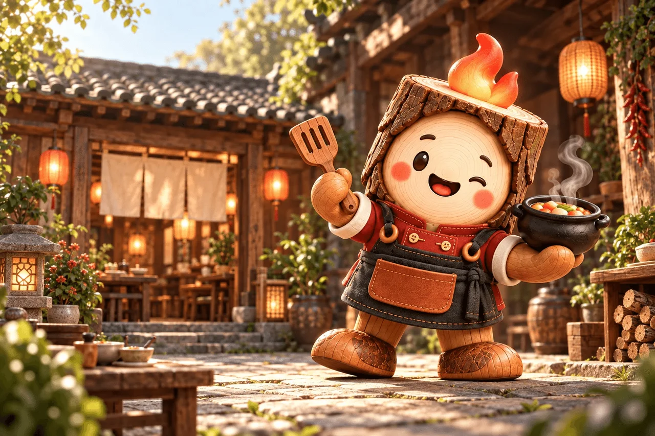 劈柴院品牌角色阿柴在院落中迎客