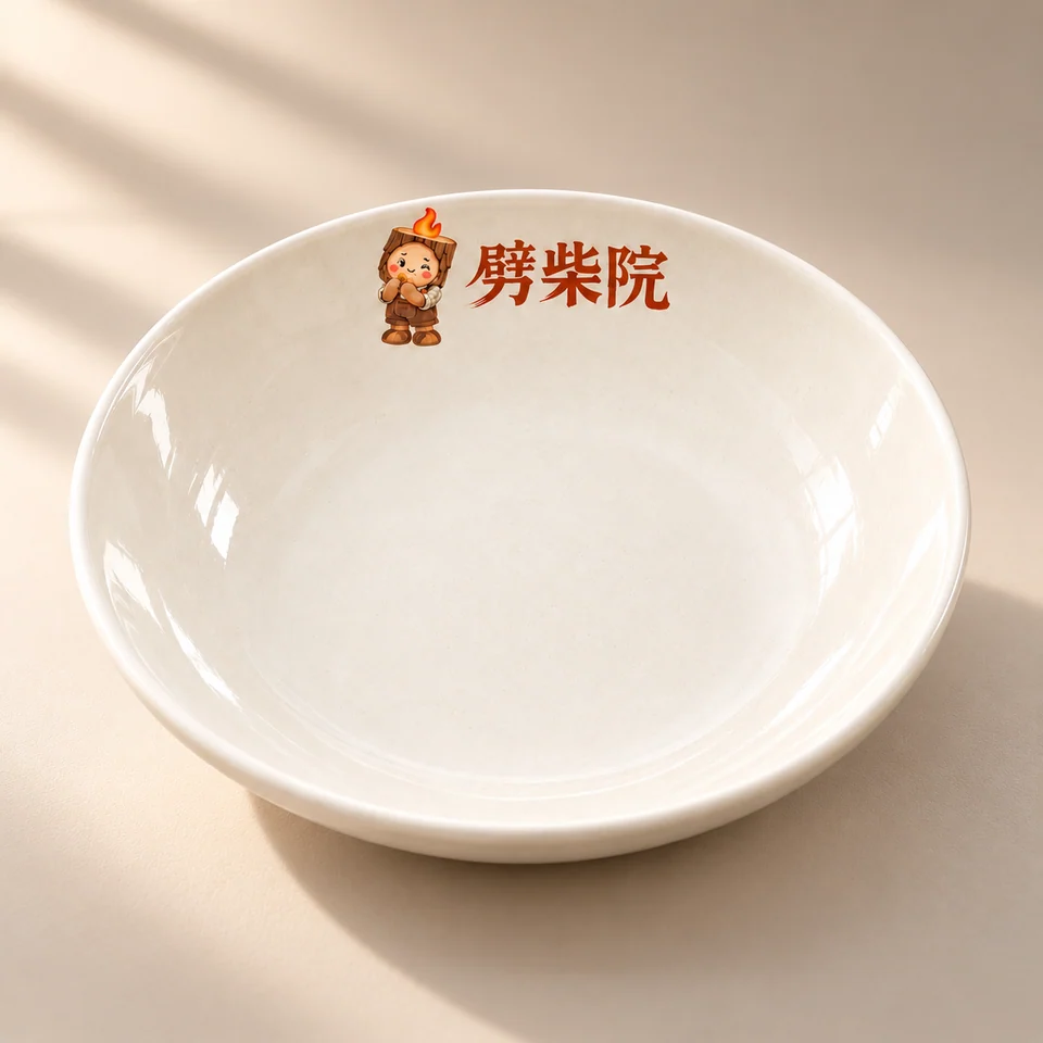 在碗边缘印有阿柴与劈柴院字标的主题餐具