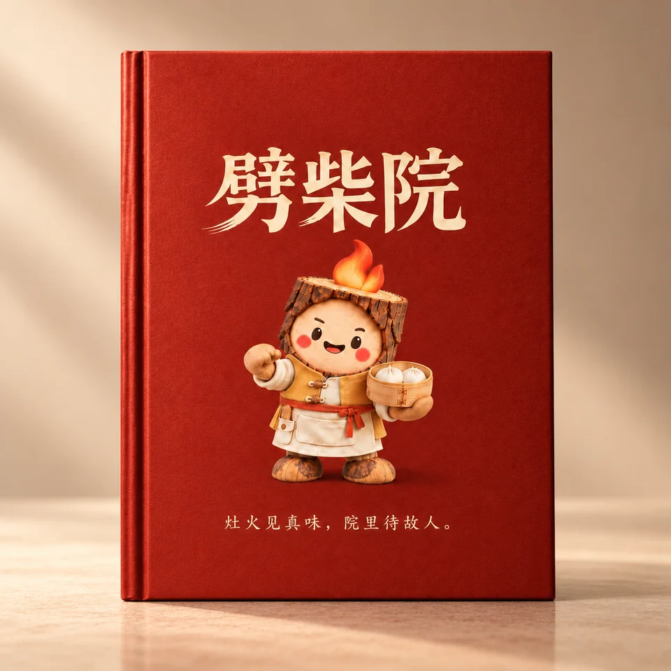 劈柴院红色菜单封面,阿柴形象与灶火见真味,院里待故人文案