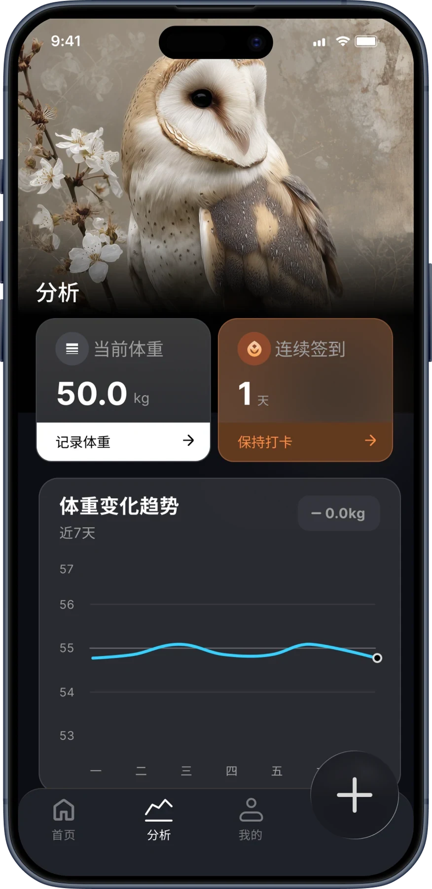 个人分析总览，展示体重、连续签到与近七天体重变化趋势