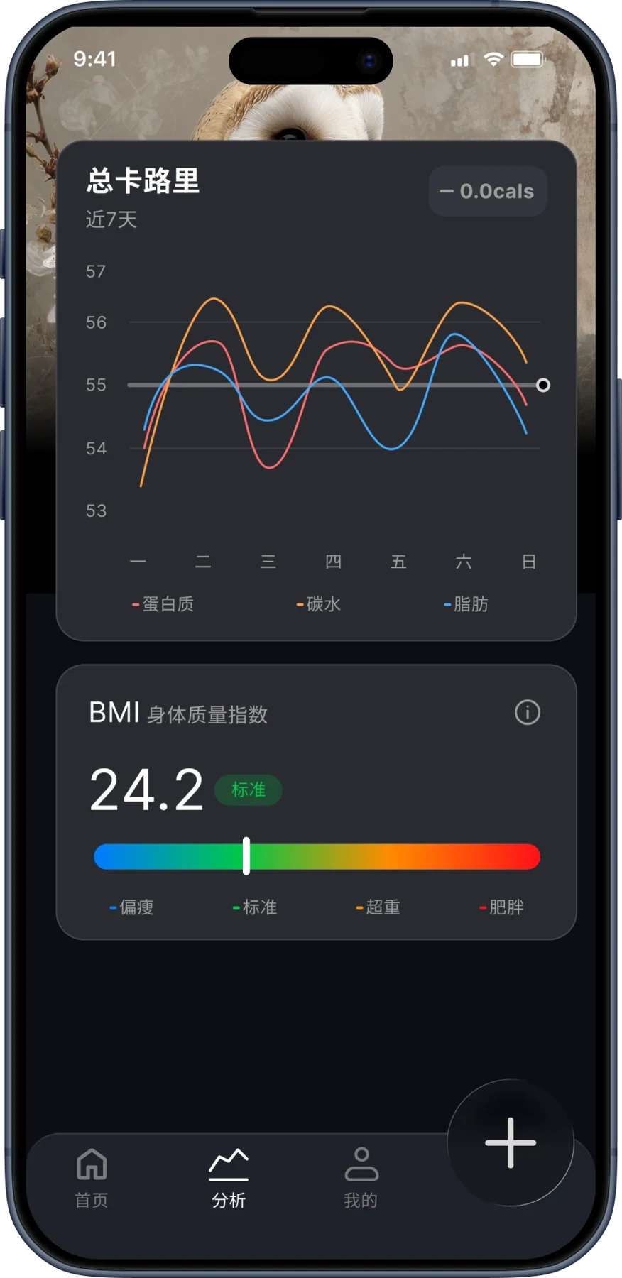 趋势分析界面，以营养曲线和身体质量指数展示长期变化